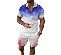BIRW Survêtement 2 pièces pour homme - Ensemble court d'été - Tenue tendance - Polo décontracté à manches courtes et short, Étoile dégradée blanche bleue rouge, Small
