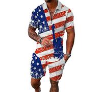 BIRW Survêtement 2 pièces pour homme - Ensemble court d'été - Tenue tendance - Polo décontracté à manches courtes et short, Imprimé Statue de la Liberté, X-Large