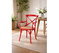 Biscottini Chaise en bois rouge avec assise en paille de Vienne Vintage - Chaises avec accoudoirs Thonet Cross Back - Chaise vintage pour cuisine, salle à manger, bars et restaurants - Fauteuil