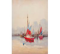 Biscottini Tableau Peint À L’Huile Sur Toile 60x90 Cm Barque Rouge Cadre Moderne