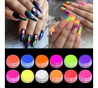 BISHENGYF 12 Boîtes Pigment à Ongles Néon, Poudre à Ongles Fluorescente, Poudre Ongles Nail Art, Dust Nail Glitter Gradient Iridescent Nail Art Décoration