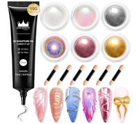 BISHENGYF Multifonctionnel Gel 3d:Iridescent Effet MéTallique Vert Laser Rose Poudre Chrome Ongle Et 15g Rhinestone Sans Gel Ongle 3d,6pcs Pearl Chrome Ongle Pour DéCoration D'Ongles Manucure (Argent)