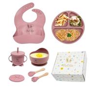 BisKidzs Coffret Repas pour Bébé (Rose) avec Assiette Ventouse, Cuillère, Fourchette, Bol à Ventouse et Boîtes Cadeau - Idéal pour l'Auto-Alimentation dès le 1er Âge