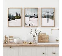 BISLE Vintage Ski Lift Toile tableau Murale Art Chalet D'hiver Toile tableau Peinture Montagnes Enneigées Affiches Nordique Photos Salon Decoration À La Maison 50x70cmx3 Sans Cadre