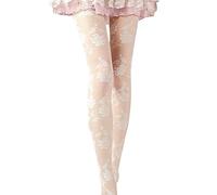 bismarckbeer Collant sexy en dentelle pour femme Motif rose - Blanc - Taille Unique