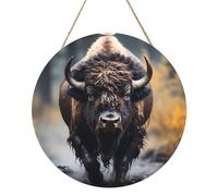 Bison d'Amérique du Nord Impression sur panneau rond en bois de 30,5 cm, décoration d'intérieur pour fenêtres, murs et couloirs.