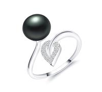 BISONBLUE Bague Femme Bagues Hommes Cadeaux Bague En Zircon Pour Femmes, Perle D'Eau Douce Naturelle, À La Mode, Ajustable, Noire, Redimensionnable, 925