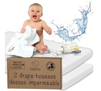 Bisoo Drap Housse Couffin Impermeable 35x75-2en1 Drap Housse Alese tege Matelas Bebe Reglable pour Landau, Nacelle et Couffin - 100% Jersey Certifié Oeko-Tex - Lot de 2 Blancs 75x35 cm