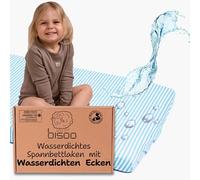 Bisoo Magic Drap 60x120 - Drap-Housse Imperméable Intégral 2en1: Drap en Coton Jersey + Alèse Protège-Matelas pour Lit Bébé - Tout Doux Respirant Silencieux, Oeko-Tex (120x60 Rayures Bleues)