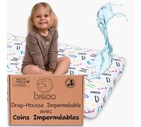 Bisoo Magic Drap 75x95 / 75x100 - Drap-Housse Imperméable Intégral 2en1: Drap en Coton Jersey + Alèse Protège-Matelas pour Parc Infantile - Doux Respirant Silencieux, Oeko-Tex (100x75 Lettres)