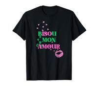 Bisou Mon Amour en Rose et Vert avec lèvres et cœurs T-Shirt
