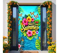 BissYard Couverture de porte Hello Summer 180 x 89 cm Fleur tropicale Bannière de porte Hibiscus Papillon Décoration de porte d'entrée Décoration de porche d'été Intérieur Extérieur Hawaïen Panneau de