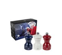 Bistro Trio France Trio 2 moulins Poivre et 1 moulin Sel, manuels en bois, bleu, blanc et rouge, 10 cm Peugeot