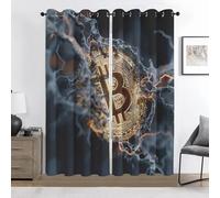 Bitcoin en Or Rideaux 3D Occultants, Fumée Foudre Abstraite Rideaux à Œillets, Isolant Thermique Anti Froid et Chaleur, Anti-Bruit, Lavable en Machine, Lot de 2, 140 x 200 cm (L x H)