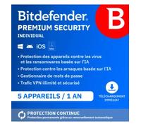 Bitdefender Premium Security 2026 | 5 appareils | 1 an | Renouvellement automatique