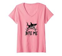 Bite Me : Attaque de Requins féroce pour Les Amateurs de l'océan T-Shirt avec Col en V, Femme, Rose, XXL