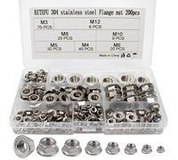 BITEFU 200pcs Écrous de Blocage Héxagonal à Écrou à Collerette Écrous à Émbase Acier Inox 304 M3 M4 M5 M6 M8 M10 M12 Kit d'assortiment