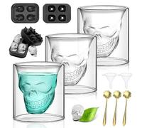 BITEFU Lot de 10 verres à café tête de mort double paroi, 3 verres tête de mort, 2 moules glaçons 3D, 3 cuillères dorées cosmos, 2 entonnoirs