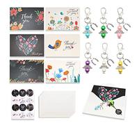 BITEYI Cartes de Remerciement Porte-Clés set,6 Cartes de Vœux avec Enveloppes 6 Porte-Clés 12 Autocollant et Fleurs Artisanales,Merci pour les Cadeaux de Amis,Collègues (Oiseaux et fleurs)