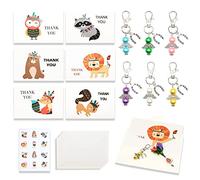 BITEYI Cartes de Remerciement Porte-Clés set,6 Cartes de Vœux avec Enveloppes 6 Porte-Clés 12 Autocollant et Fleurs Artisanales,Merci pour les Cadeaux de Parents,Amis,Collègues (Animal)