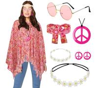 BITOWO Costume hippie pour femme - Poncho hippie - Accessoires des années 60 et 70 - Vêtements disco - Costume hippie - Style bohème indien - Poncho Flower Power - Costume de cowgirl pour femme
