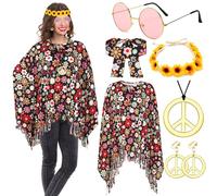 BITOWO Costume hippie pour femme - Poncho hippie - Accessoires des années 60 et 70 - Vêtements disco pour femme - Costume hippie - Boho indien - Poncho Flower Power - Costume de cowgirl pour femme