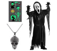 BITOWO Déguisement Scream Ghostface Enfant Garcon Fille 12 13 14 ans Costume Scream Tenue avec Cape Noir Masque Ghostface Collier Deguisement Halloween Horreur Qui Fait Peur Enfant
