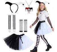BITOYO Costume de Quinn Cosplay Enfant, Costume Quinn Filles avec tutu noir et blanc gants chaussettes collier accessoires Costume Quinn Cosplay pour enfants Halloween Carnaval Joker fête
