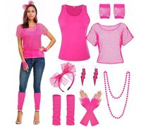 BITOYO Déguisement Année 80 Femme, T-shirt Resille, Gilet, Bandeau, Gants en Maille, Jambières, Collier, Boucle d'oreille, Costume Accessoires Années 80 Vêtements Carnaval Thème (XL)
