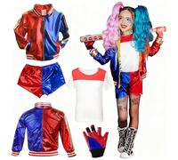 BITOYO Déguisement Cosplay Enfant, Costume Quinn Enfant Joker Cosplay Deguisement, avec Veste T-shirt Short et Gants Quinn Costumes pour Carnaval Halloween Cosplay Clown Fete 140cm