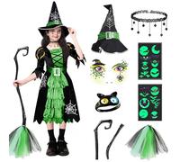 BITOYO Déguisement de Sorcière Fille, 7 Pièces Robe Halloween avec Chapeau Collier Autocollant et Balai, Costume Carnaval Cosplay (Vert, XL)