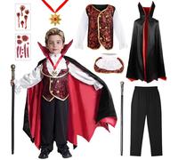 BITOYO Deguisement Vampire Enfant, Costume Halloween Enfant Garcon, 8 pièces Déguisement Carnaval Vampire Garcon avec Cape, Dentier Vampiro, Sceptre, pour Déguisement Dracula Gothique Cosplay