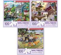 Bits and Pieces Lot de 3 puzzles pour adultes - 100 pièces et 50 pièces au choix - Paysage, maison, lever du soleil - grandes pièces pour personnes âgées - 38,1 x 48,3 cm chacun