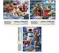 Bits and Pieces - Lot de trois (3) puzzles de 1000 pièces pour adultes - Chaque puzzle mesure 50,8 x 68,6 cm - Vacances d'hiver animaux de la forêt par l'artiste Larry Jones