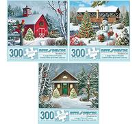 Bits and Pieces - Lot de trois (3) puzzles de 300 pièces pour adultes - Grange d'hiver II, campagne, Noël, cabane de Noël - 300 pièces Vacances bonhomme de neige par l'artiste Alan Giana