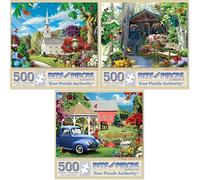 Bits and Pieces,Lot de trois (3) puzzles de 500 pièces pour adultes - Les puzzles mesurent 45.7x61 cm - Saisons : printemps, automne, nature, église, soleil, oiseaux de 500 pièces par Alan Giana