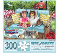 Bits and Pieces - Puzzle 300 pièces pour adultes 46 cm x 61 cm - Histoire du temps - 300 pièces Chien et chat sur la terrasse en osier livre fille par l'artiste Brooke Faulder