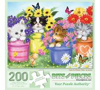 Bits and Pieces - Puzzle de 200 pièces pour adultes - 38,1 x 48,3 cm - Chats dans des pots de fleurs - 200 pièces - Chaton coloré - Papillon - Sweet Cute Garden - Par l'artiste Makiko