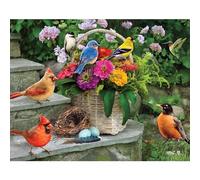 Bits and Pieces Puzzle de 50 pièces pour adultes - Oiseaux sur les marches du porche - Grandes pièces aux lettres colorées - Taille du puzzle terminé : 38,1 x 48,3 cm