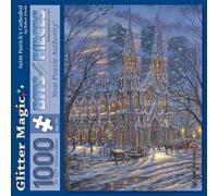 Bits and Pieces Puzzles de 1000 pièces pour adultes - Cathédrale Saint-Patrick - Grand puzzle à paillettes de 50,8 x 68,6 cm - Scène d'église enneigée - 2 pièces identiques