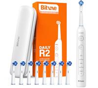 Bitvae R2 Brosse À Dents Électrique Rotative Pour Adultes Avec 8 Têtes De Brosse, Étui De Voyage, 5 Modes, Rechargeable Avec Capteur De Pression, Durée de vie jusqu'à 30 jours, Blanc