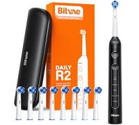 Bitvae R2 Brosse À Dents Électrique Rotative Pour Adultes Avec 8 Têtes De Brosse, Étui De Voyage, 5 Modes, Rechargeable Avec Capteur De Pression, 3 Heures De Charge Rapide Pendant 30 Jours, Noir