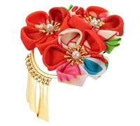 BIUDECO Accessoire de Coiffure Fleurs pour Kimono Pince à Cheveux Traditionnelle en Tissu Doux Pompon Décoration Mariage Fête Performance Cosplay 1 Pièce Rouge