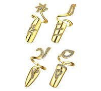 BIUDECO Lot de 4 Anneaux pour Ongles Femme en Alliage Strass, Design Unique et Ouverture Réglable, Décorations Créatives pour Manucure Quotidienne
