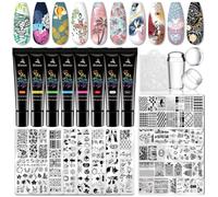 Biutee 12 Plaques d’estampage pour Ongles, Gel de Stamping 8 couleurs 8 ml | Kit stamping pour nail art, 12 plaques d’estampage pour ongles, gel de stamping 8 couleurs 8 ml, avec 1 tampon et 1 racloir