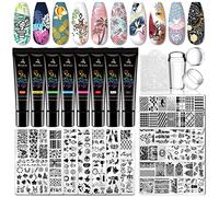 Biutee Set de Stamping Nail Art Kit d'estampage d'ongles 12 pièces modèles d'art d'ongle Gel Polish Vernis à ongles 8 couleurs 8ml avec 1 Tampon 1 Grattoir