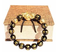 biuufish Bracelet Feng Shui plaqué or 24 carats PiXiu, bracelet de richesse en obsidienne PiXiu, protection du dragon, bracelets de prière mantra peuvent apporter chance, richesse et santé pour homme
