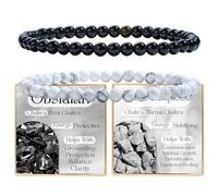 Bivei 2-Pièces 4 mm bracelet pierre naturelle femme - Obsidienne Noire, Howlite - bracelet perles extensible fait main lithothérapie yoga méditation