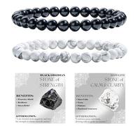 Bivei 2-Pièces 4 mm bracelet pierre naturelle femme - Obsidienne Noire, Howlite - bracelet perles extensible fait main lithothérapie yoga méditation