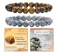 Bivei 2-Pièces 8 mm bracelet pierre naturelle femme - Œil de Tigre, Jaspe Picasso - bracelet perles extensible fait main lithothérapie yoga méditation protection